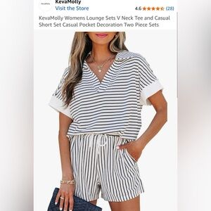 NWOT KevaMolly Black & White Striped Lounge Set V-Neck Tee & Shorts – Size XL